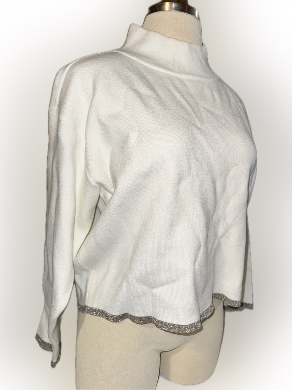 Anthropologie Maeve Cream Knit Mock Neck Sweater w Metallic Scalloped Hem size M